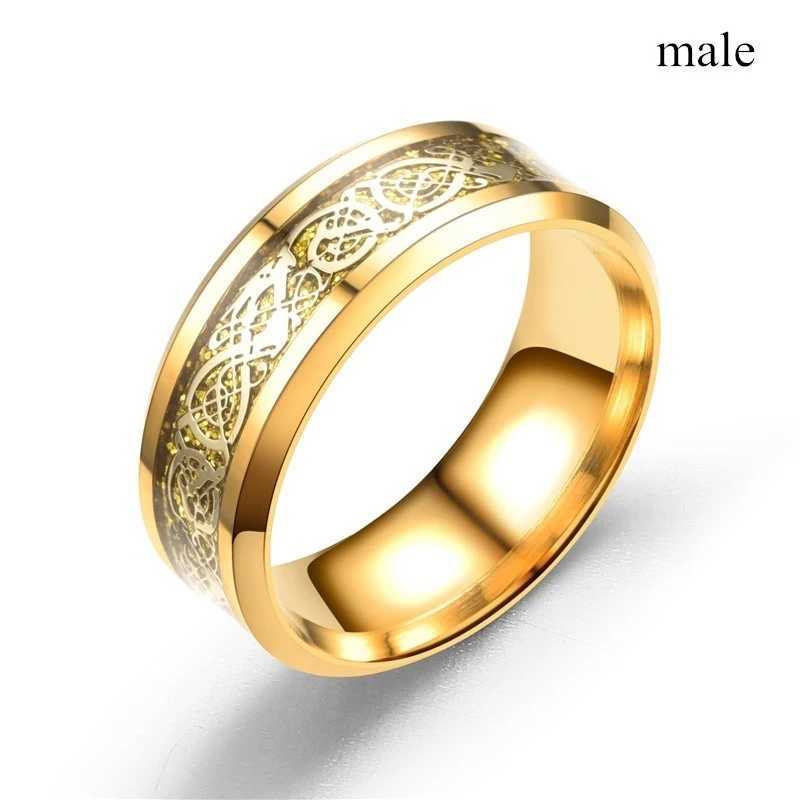 Charm Gold-Color Couple Rings - Mens Stainless Steel Dragon Pattern Rings Womens White Zircon Ring Set Bridal Wedding JewelryX240921