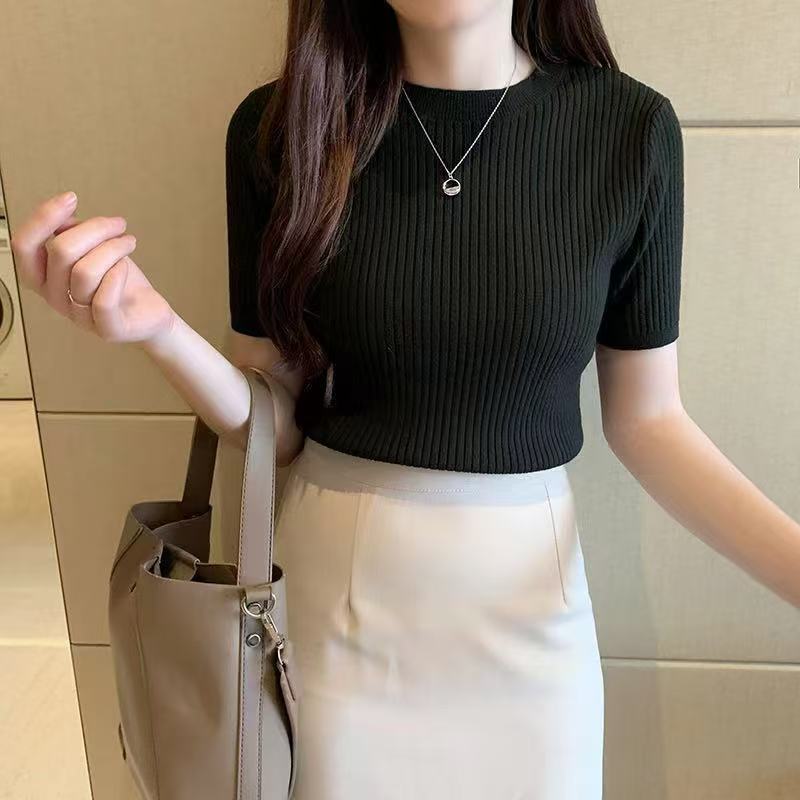 Summer new pullover solid color designer T-shirt women's fashion slim Western short-sleeved sweater