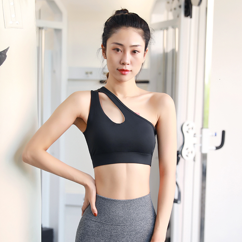 Women's 2024 Solid Colors Removable Pads Hollowed Sports Tops Quick Dry Push Up Shodkproof One Shoulder Gym Bra