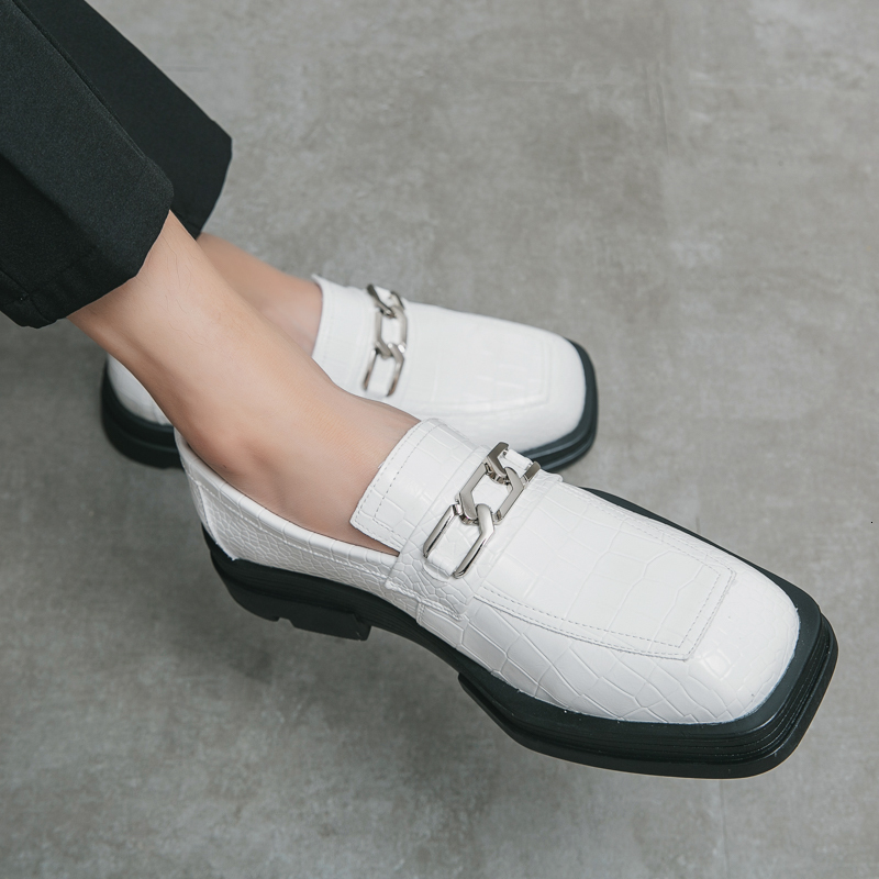 2024 Italy Black Leather Slip-On Oxford Dress Men Square Head Footwear Casual Party Shoes Thick Bottom Loafers