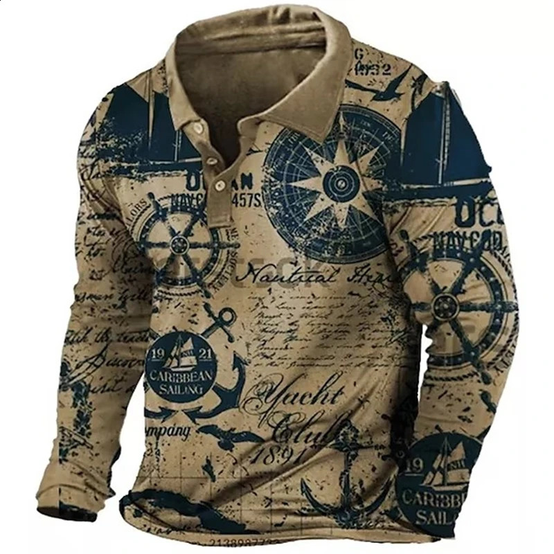 Retro Nautical Anchor Compass 3D Printed Long Sleeve Polo Shirt for Men Flip Collar Casual Fashion Streetwear Hombre Ropa Top 240921