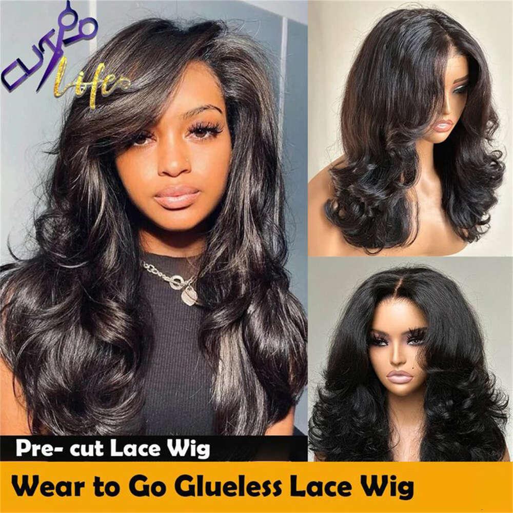 Wear To Go Inspired Layered Wig With Curtain Bang Wavy Light Yaki Straight 4x4 Lace Closure Human Hair Wigs 34 Inches Glueless