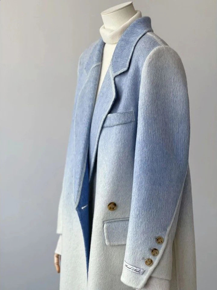 2024 Winter Women Vintage Long Woolen Coat Fashion Long Sleeve Jackets Chic Gradient Outerwear Korean Ladies Casual Overcoat 240918