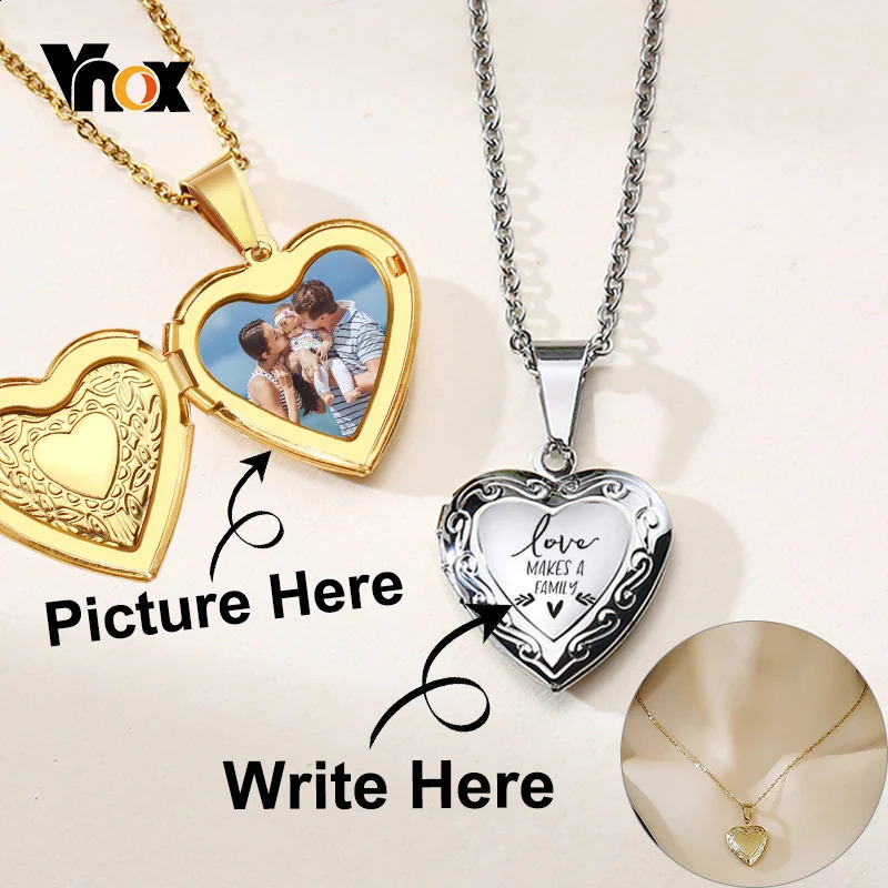 Vnox Customize Picture Name Women Necklaces Heart Locket Pendant Family Image Personalized Anniversary Gift 240914