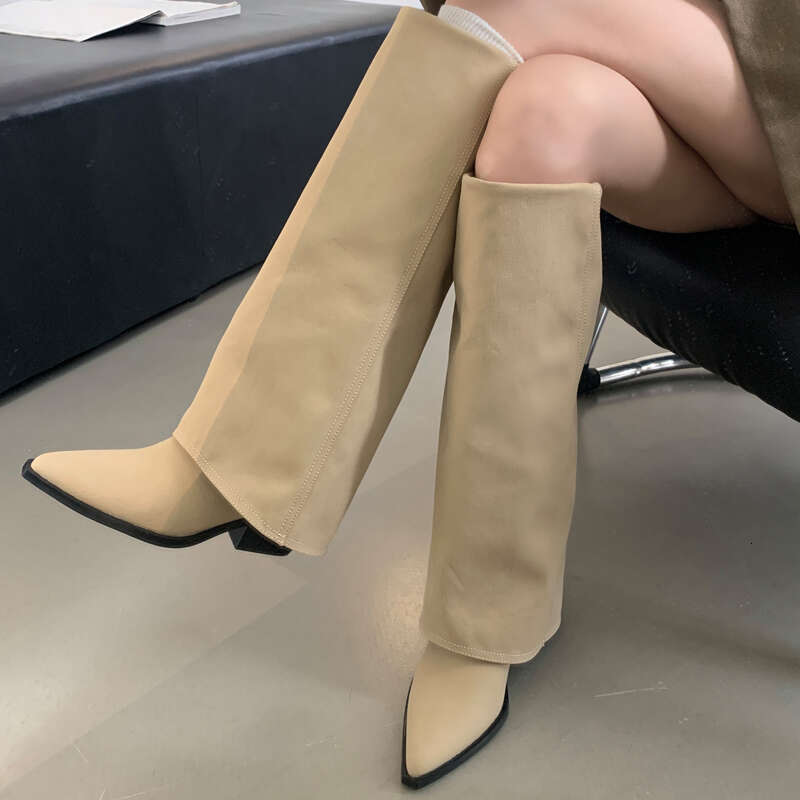 Eilyken Designer Vintage Fold Pointed Toe Women Knee-High Boots Square Low Heels Shoes Fashion Modern Long Booties
