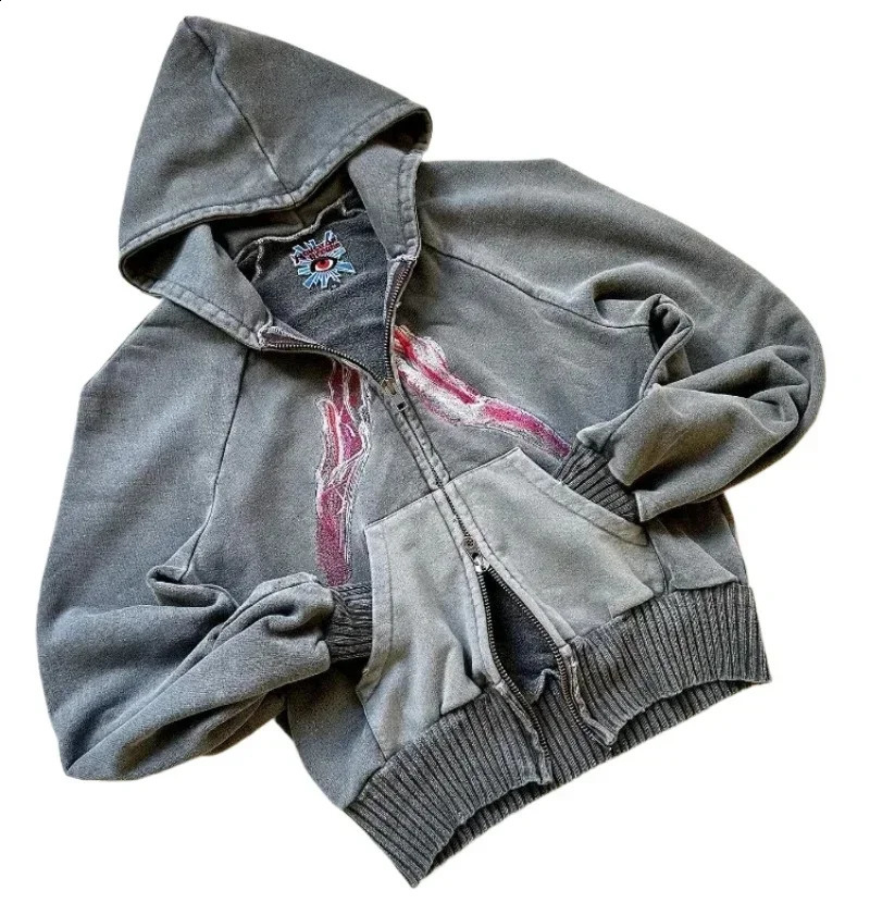 American Fashion Trend Pattern Embroidery Zipper Hoodie Men Y2K Street Hip Hop Retro Fleece Padded Sweatshirt Unisex Hooded 240913