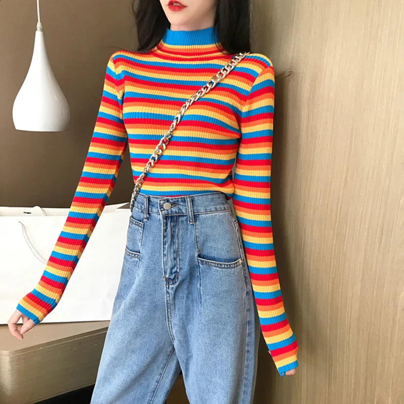 Winter Rainbow Knitted Women Sweaters And Long Sleeve Casual O-Neck Pullovers Sueter Mujer Tops Striped Turtleneck Jumper 240912