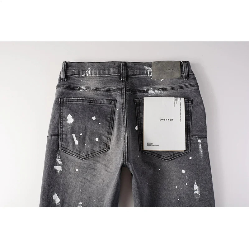 Summer Distressed Gray Streetwear Button Fly Ripped Holes Painted High Stretch Skinny Scratched Jeans Pants 240918