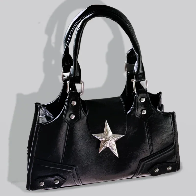 Y2K Gothic Star Girl Black Bag Aesthetic TLXT Vintage Fairy Grunge Punk Goth Purse Shoulder Handbags Bucket Black Tote Bags for Women