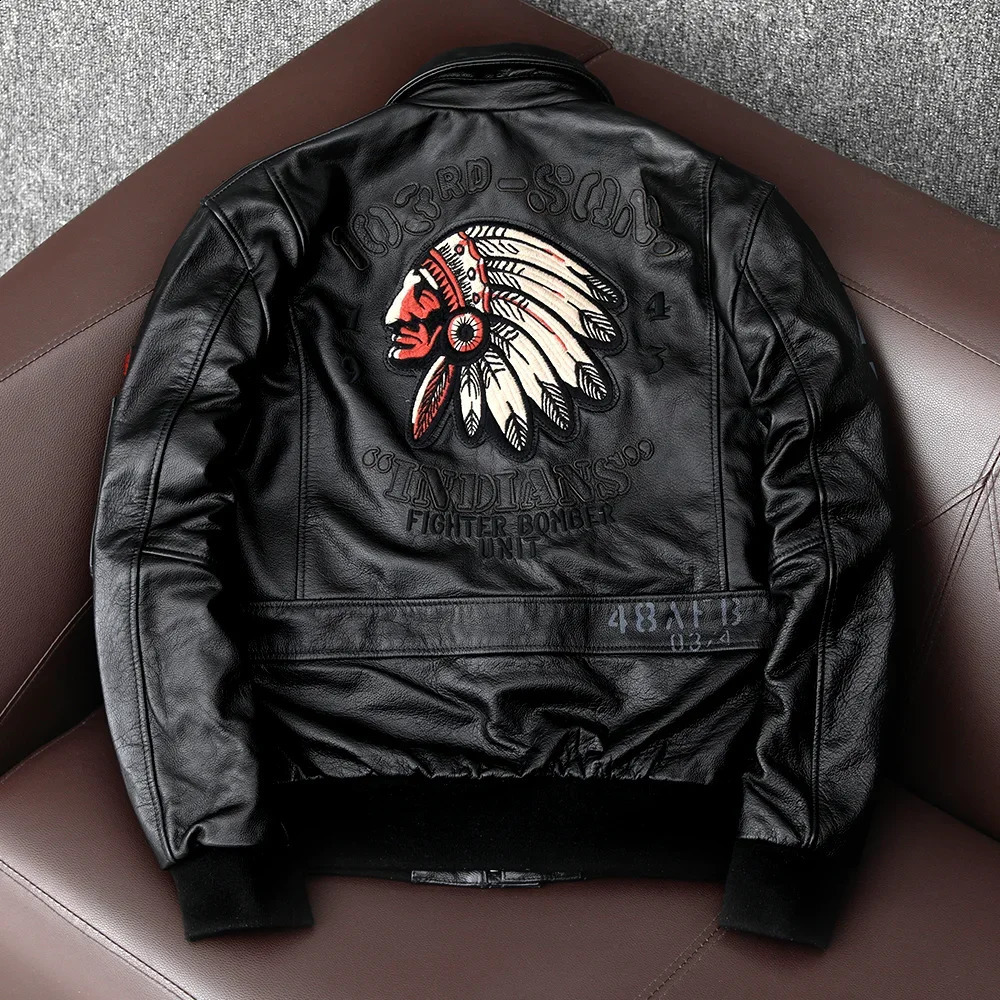 Indian Embroidered Flight Suit Natural Leather Coat Mens Denim Leather Motorcycle Jacket Ultra Thin Fashion Clothing 240909