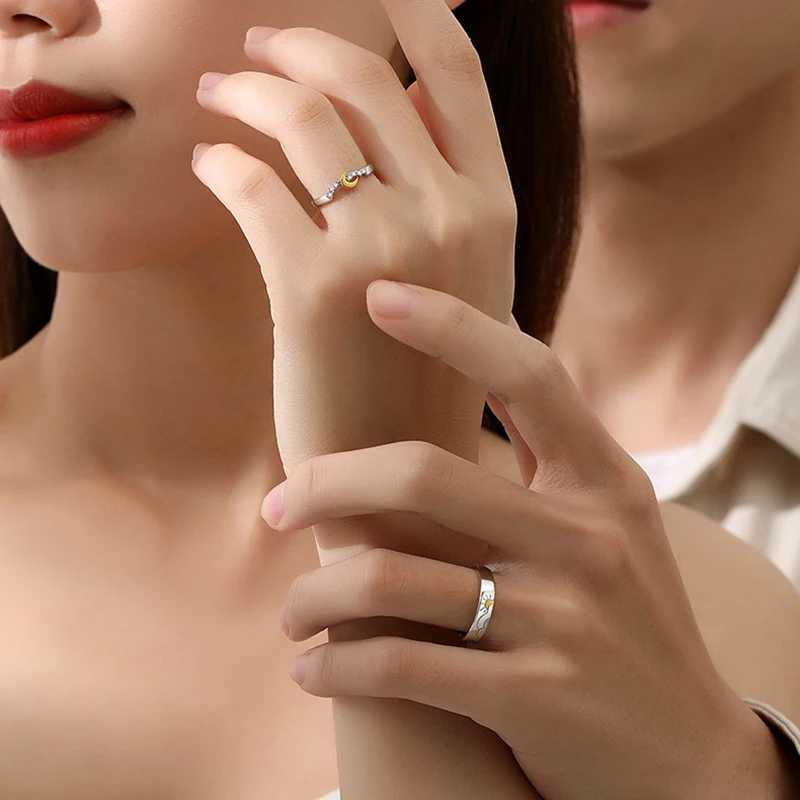Silver-Plate French Drop Glaze Romantic Couple Ring Simple Personalized Sun Moon Titanium Steel Open Rings Valentines Day GiftX240921
