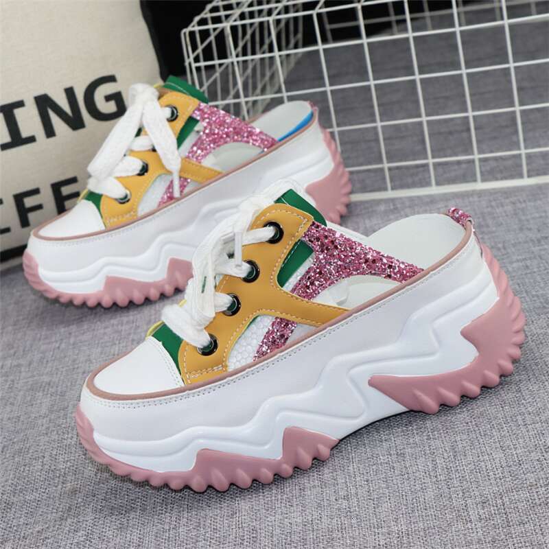 New Glitter Leather Women Chunky Sneakers Platform Wedge Breathable Slippers Comfortable Hollow Summer Shoes