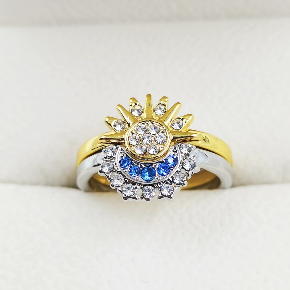 Simple sparkling sun moon blue diamond stacking celestial couple ring set with free shipping