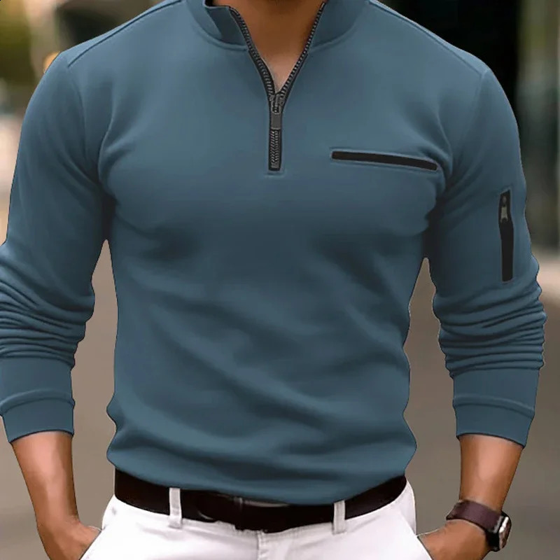 Spring Fashion Zipper Polo Shirts 2024 Casual Solid Color O-Neck Tees Pullover Fashion Men Clothing Long Sleeve 240914