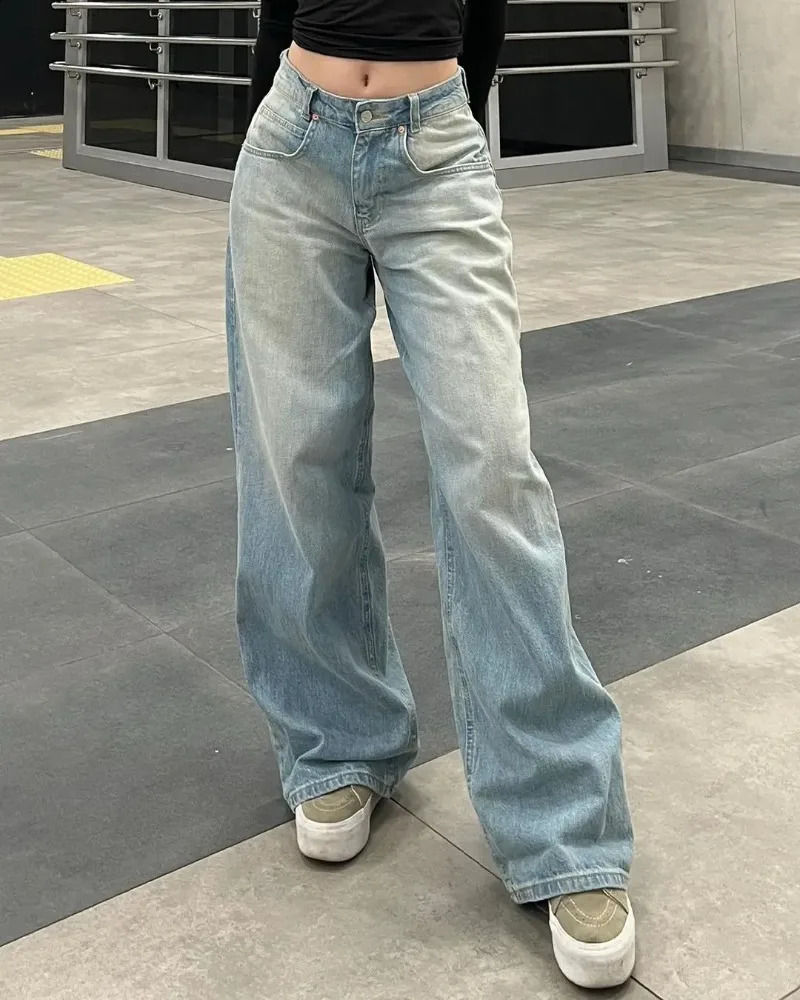 Retro Fashion High Waist Blue Laundry Old Jeans Womens Y2K Harajuku Luggage Straight Pants Casual Wide Leg 240921