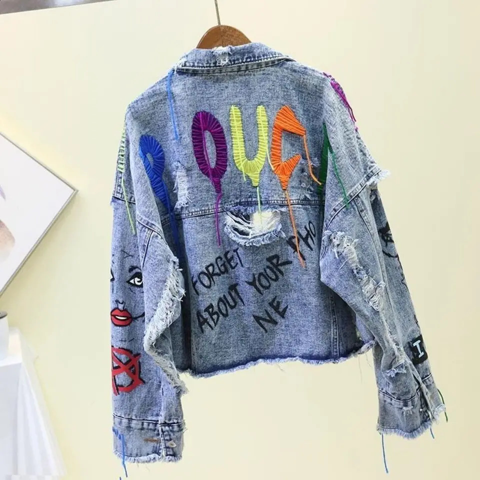 womens denim jacket spring graffiti rivet 240921