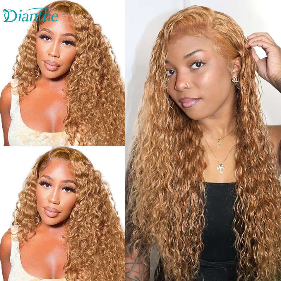 Brazilian Water Wave Wig 13x4 Honey Blonde Lace Front Transparent Human Hair Wigs For Women Pre Plucked Dianthe