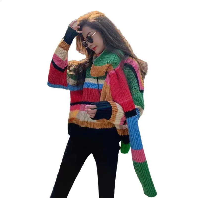 Rainbow Sweater Autumn Winter Women with Scarf Striped Knitted Tops Thick Long Sleeve Loose Jumpers Splice Y2k Pullovers 240912