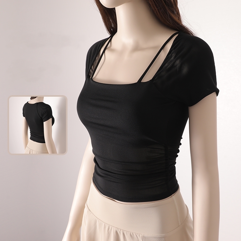 Spring Summer Sexy Outer Wear With Chest Pad Pleated Slim Yoga Fiess Women Sports T-Shirt