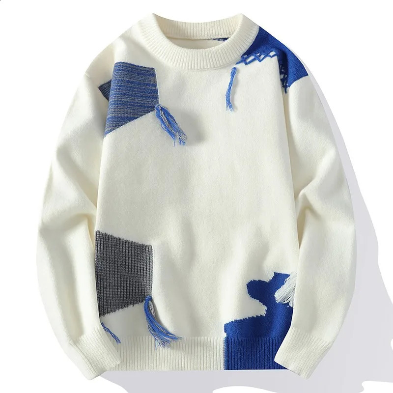 2024 Patchwork Knitted Sweater Trend High Street Autumn Winter Warm Mens Tops Hiphop Clothing Fishing Sports Pullover 240915