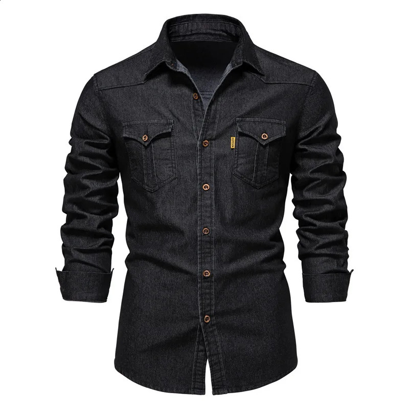 Mens denim shirt highquality cotton elastic spring long sleeved jacket casual slim fit streetwear 240921