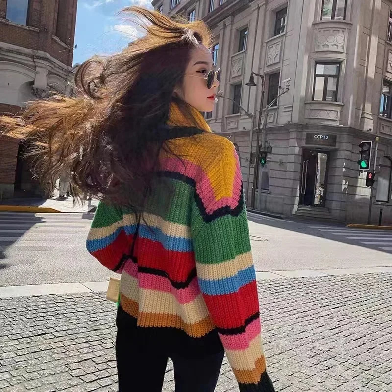 Rainbow Sweater Autumn Winter Women with Scarf Striped Knitted Tops Thick Long Sleeve Loose Jumpers Splice Y2k Pullovers 240912