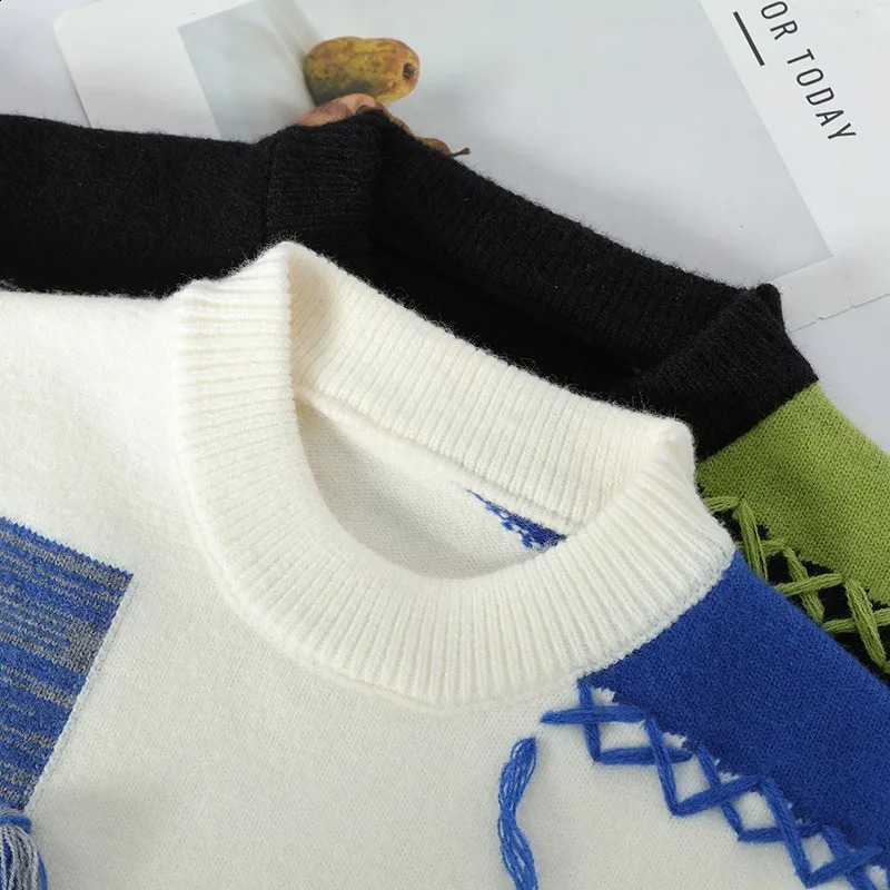 2024 Patchwork Knitted Sweater Trend High Street Autumn Winter Warm Mens Tops Hiphop Clothing Fishing Sports Pullover 240915