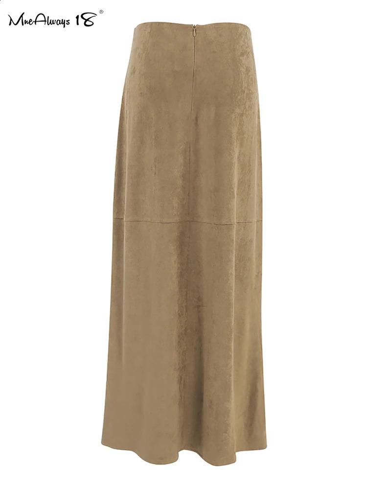Mnealways18 Suede Vintage Khaki Skirts Women Warm Autumn Winter 2024 High Waist Straight Long Skirts Office Ladies Woolen Midi 240919