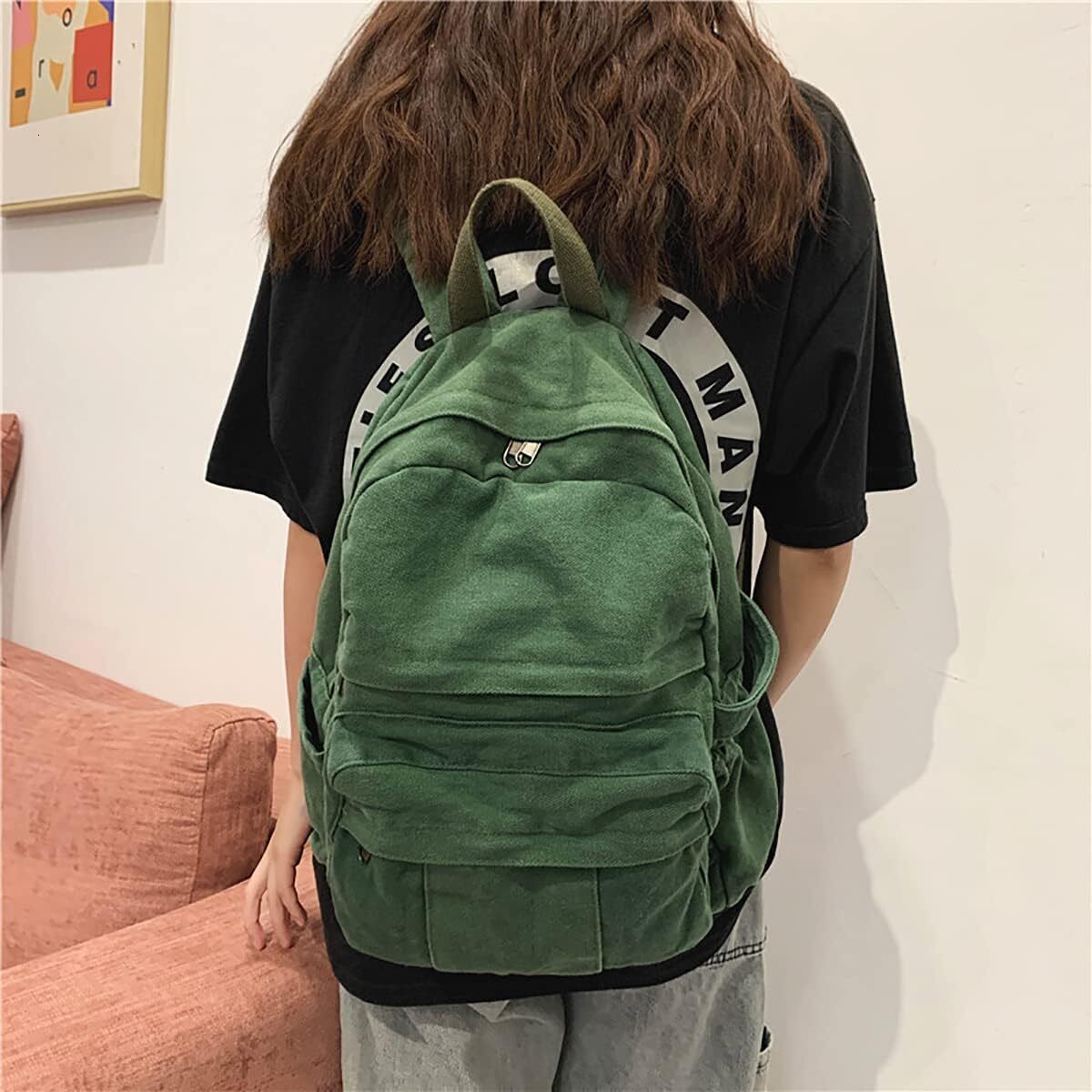 Laptop Travel Canvas Women Vintage Green Aesthetic Backpack for School
