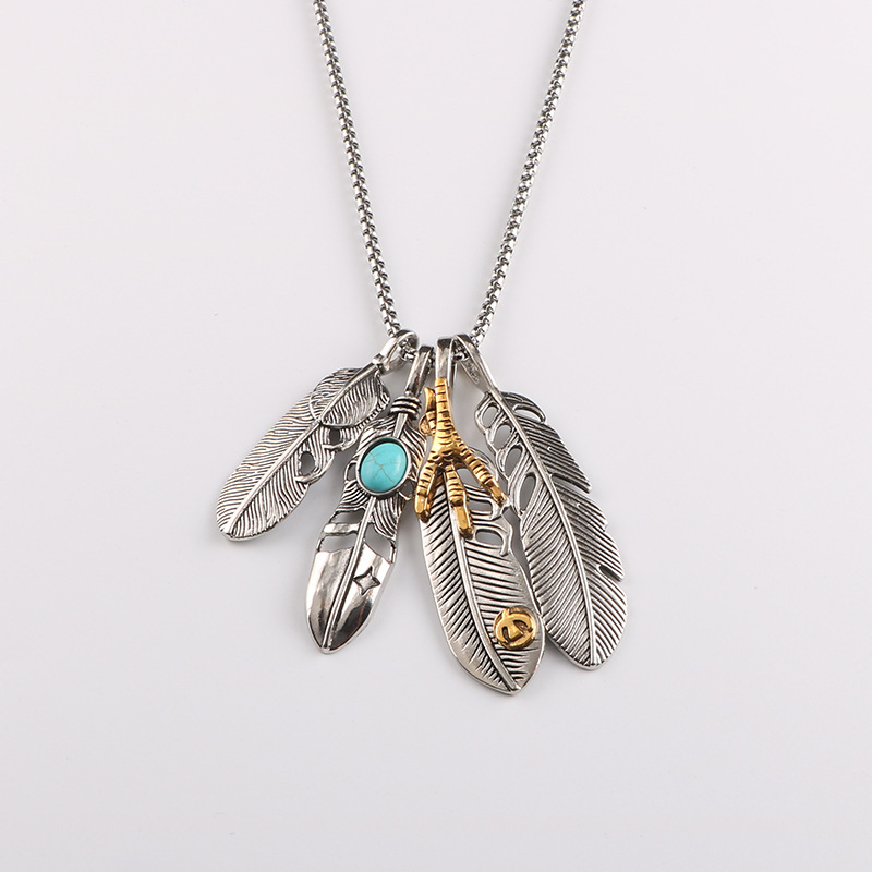 Feather pendant Takahashi with necklace European and American personality four-piece suit hip hop simple long sweater chain accessories men Free shipp