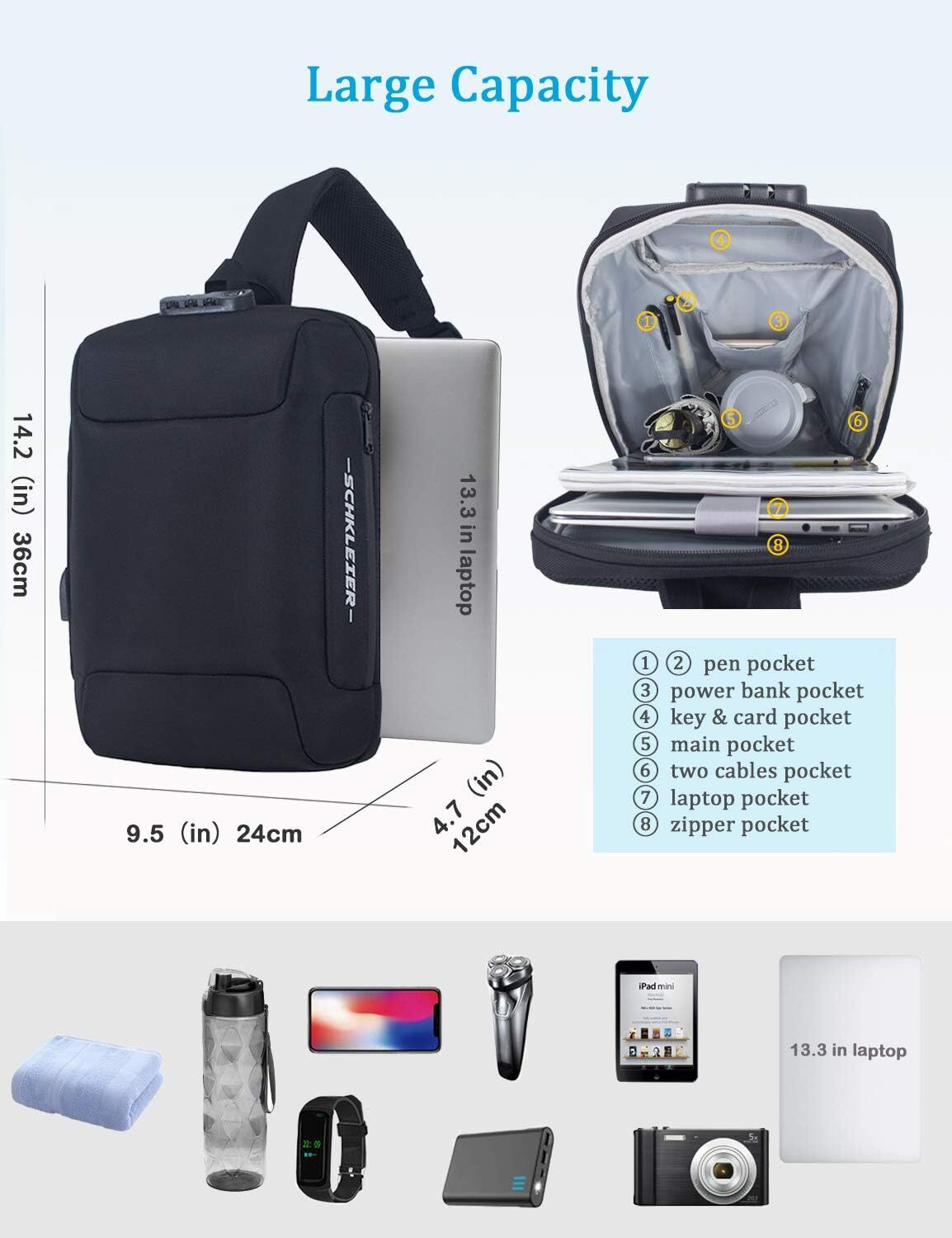 USB Anti-theft Laptop Backpack, 13.3 Inch Casual Chest Shoulder Daypack for Men and Women