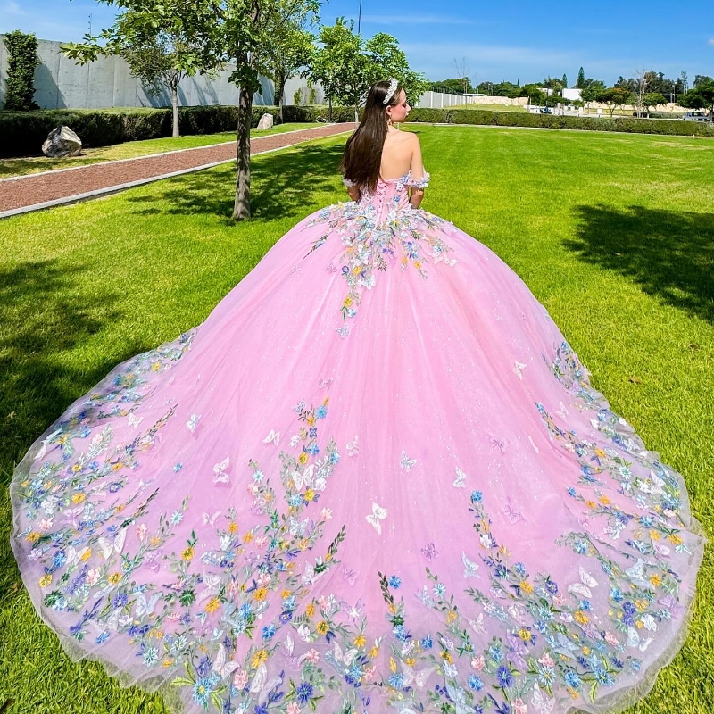 Pink Sparkly Princess Quinceanera Dresses off Shoulder Gillter Applique Lace Bow Sequins Beading Tull Vestido 15 de Anos Sweet 16 Dress