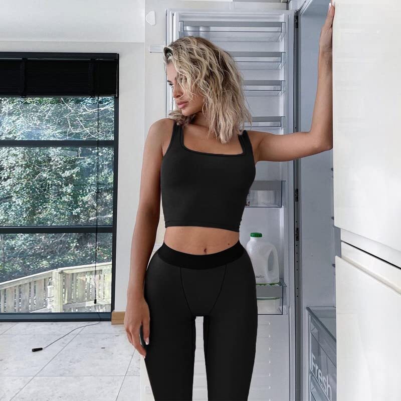 Casual Workout Sets 2 Piece Outfits For Women Ribbed Crop Tank Top High Waist Yoga Leggings Lounge Wear Tracuit