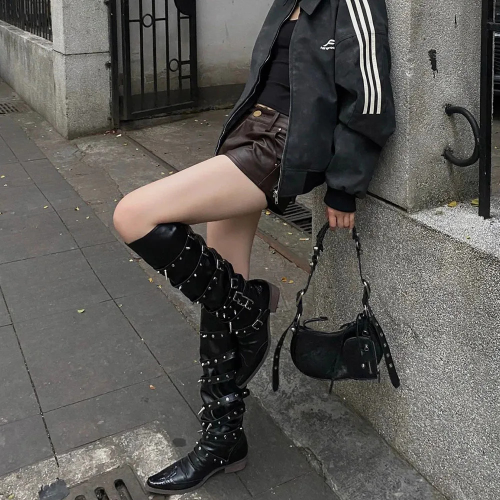 High quality punk y2k Gothic retro motorcycle womens Western style boots black rivet knee high boots 240919
