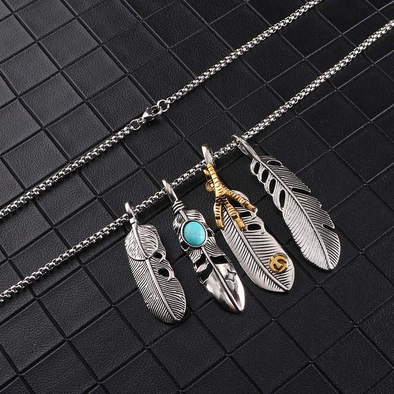 Feather pendant Takahashi with necklace European and American personality four-piece suit hip hop simple long sweater chain accessories men Free shipp