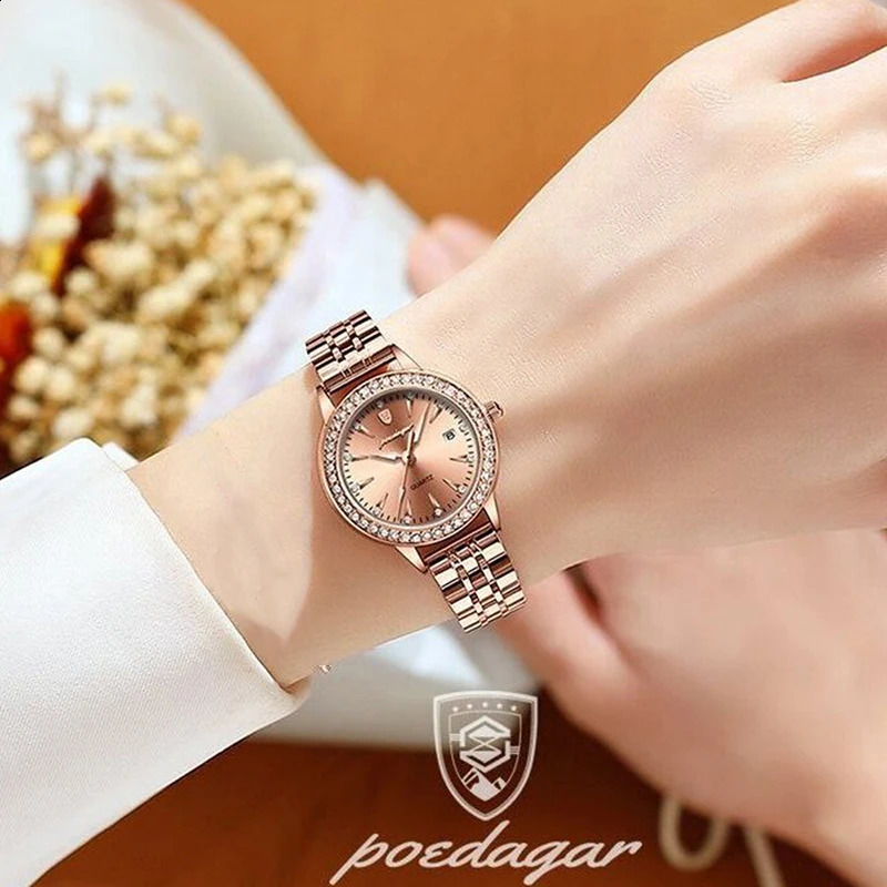 POEDAGAR Diamond Bracelet Womens Watch Elegant Rose Gold Top Waterproof Quartz y Steel Belt Calendar 240911