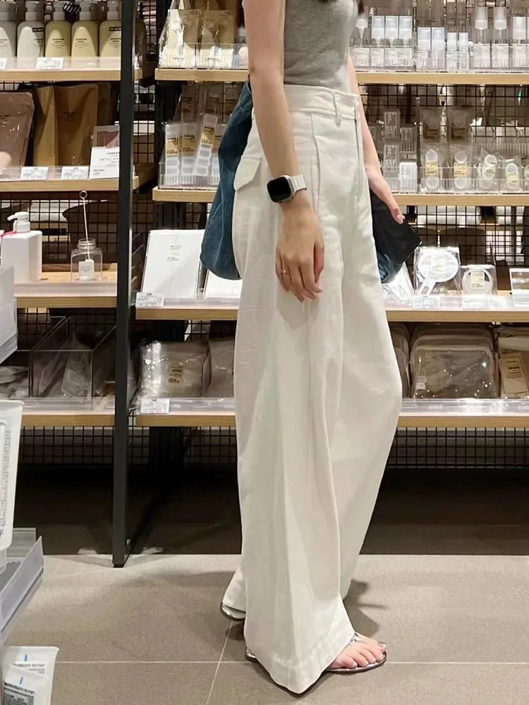 Early Spring Style White Cotton Linen Wide Leg Pants High Waist Drooping Slimming Straight Casual Pants Womens Clothing 240921