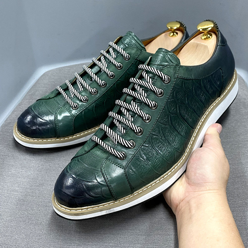 Classic Mens Casual Genuine Leather Lace-Up Fashion Sneakers Brand Alligator Print Street Travel Flat Shoes For Men