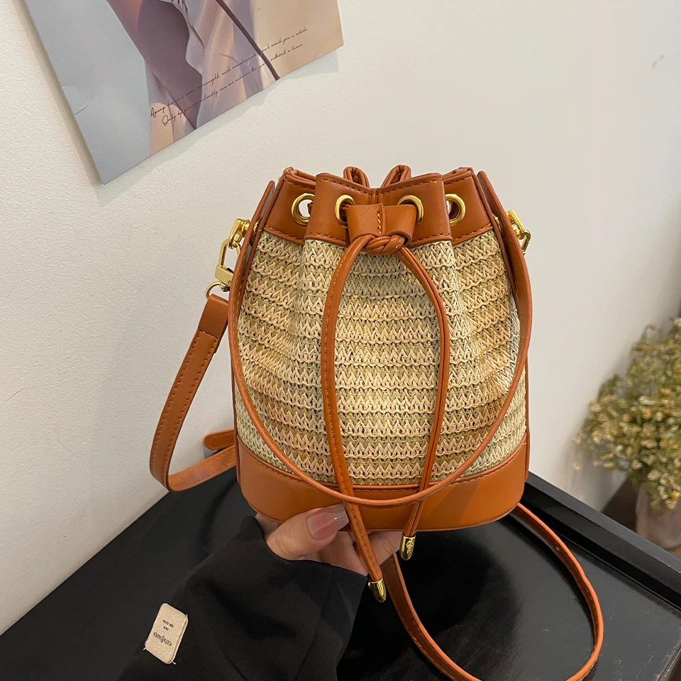 Hand Woven Bucket Bag Environmentally Friendly Material TLXT Casual Fashion Handbag Designer Shoulder Bag Suitable for The Seaside