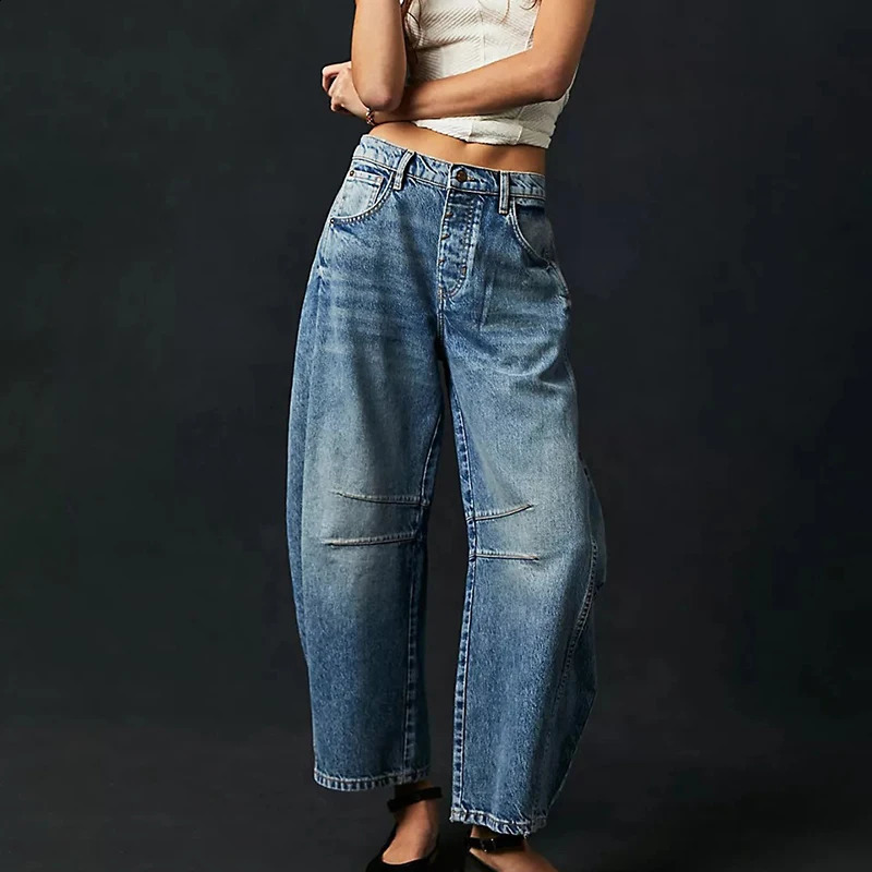 Wide leg jeans womens casual loose Y2K low waist boyfriend cutting bucket pocket denim 240921