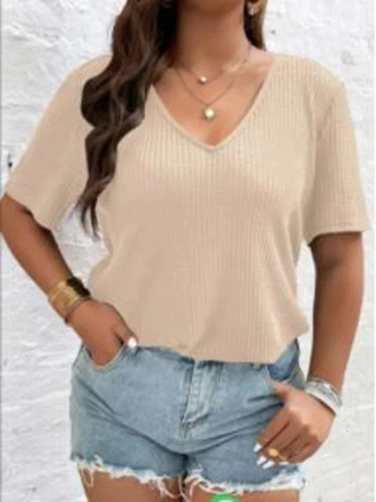 Plus size women's 1XL-5XL T-shirt, fashionable solid color short sleeved top, women's casual V-neck knit, free shipping