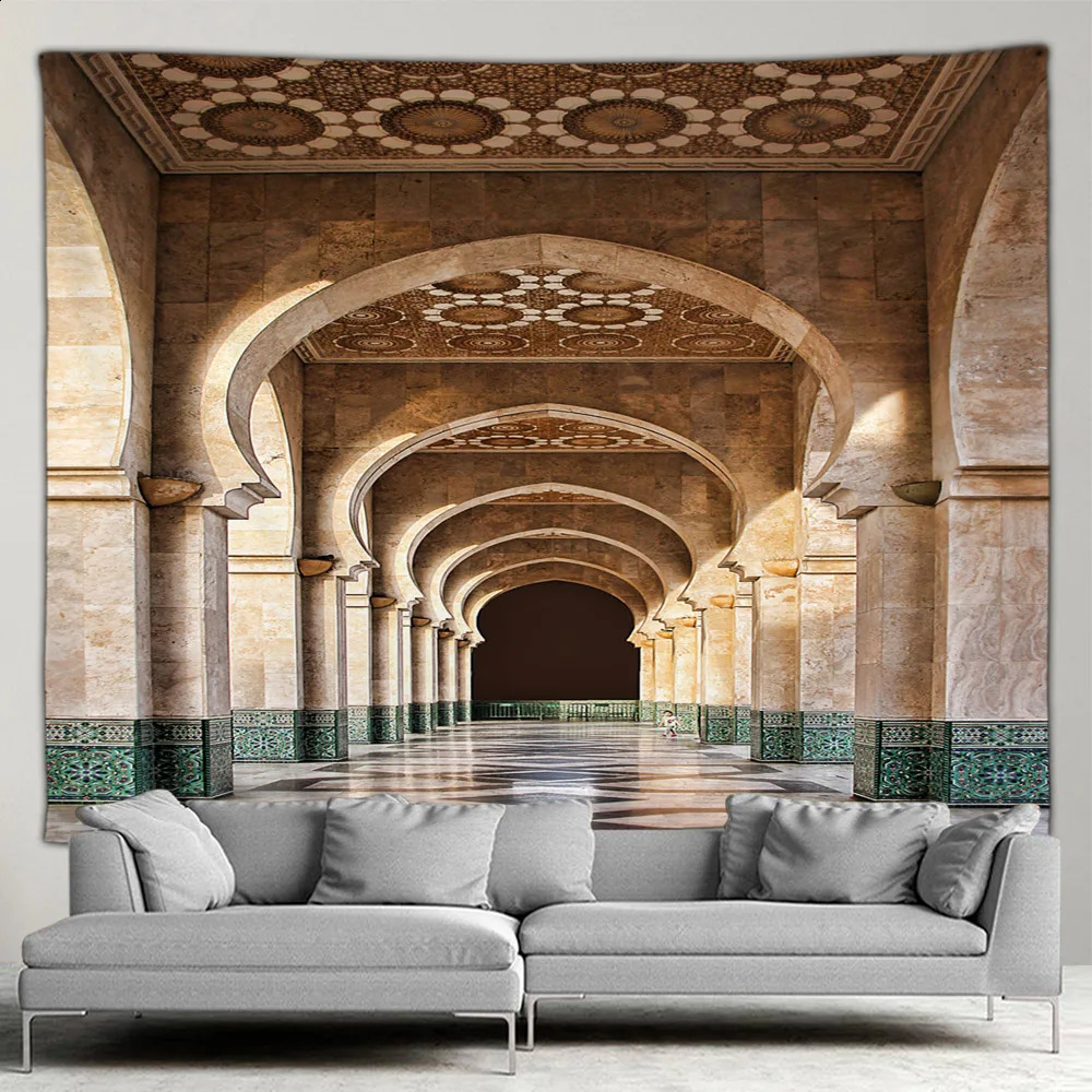 Moroccan architectural tapestry retro Islamic geometric pattern wall hanging Bohemian living room home decoration mural painting 240919