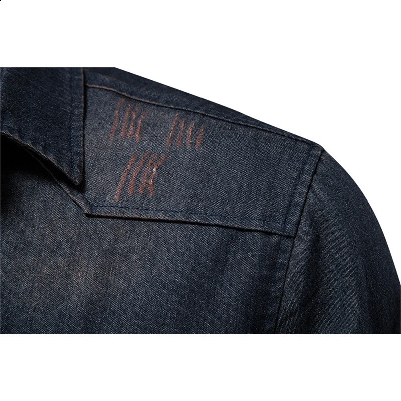 Mens denim shirt highquality cotton elastic spring long sleeved jacket casual slim fit streetwear 240921