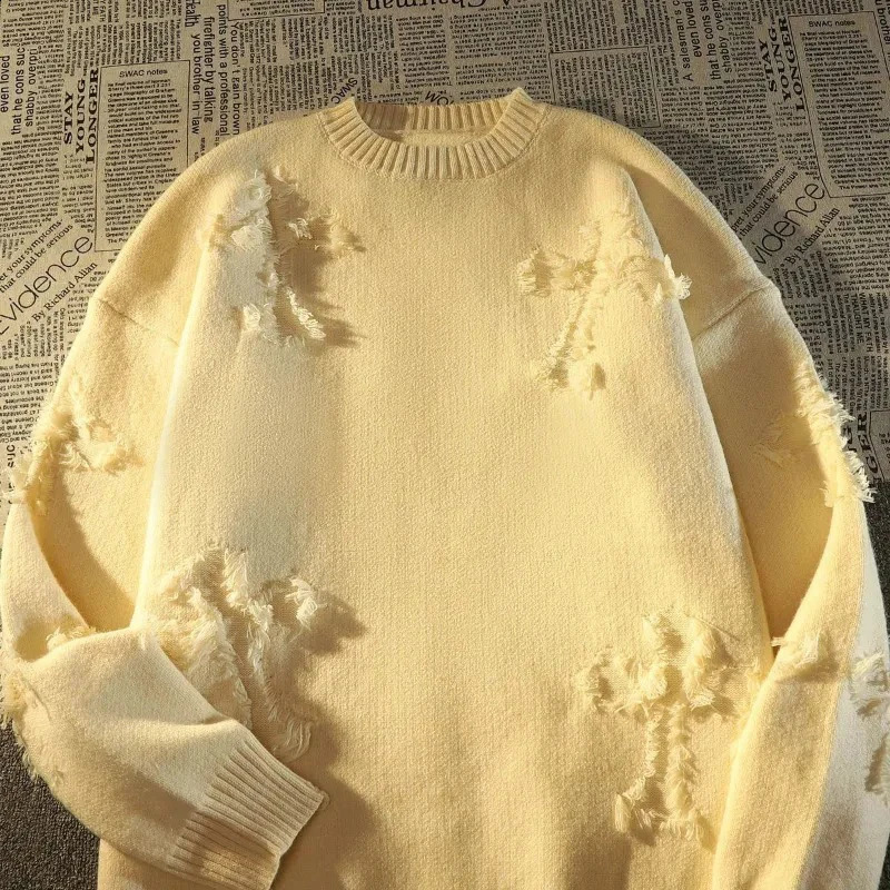 2025 Y2k Streetwear Sweater Men Retro Hole Fringed Sweater Loose Versatile Knitwear Pullovers Long Sleeve Jumpers Clothing 250809
