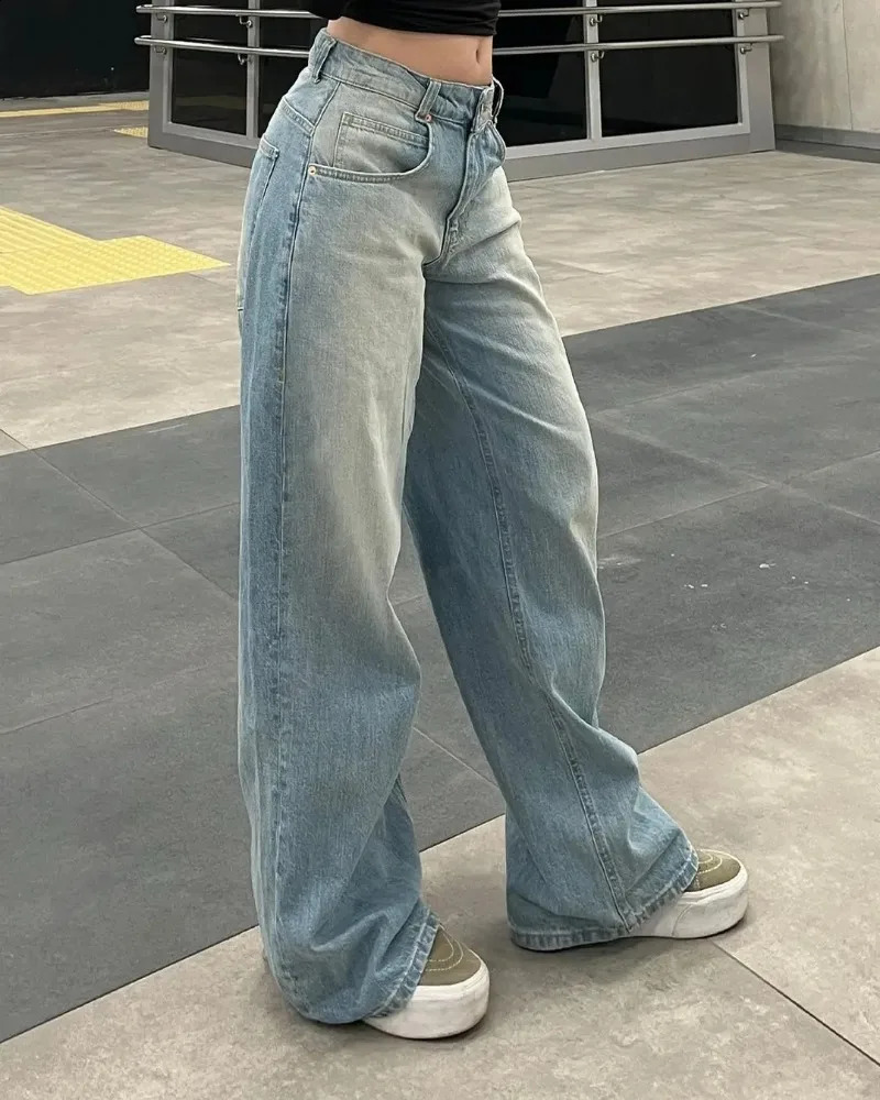 Retro Fashion High Waist Blue Laundry Old Jeans Womens Y2K Harajuku Luggage Straight Pants Casual Wide Leg 240921
