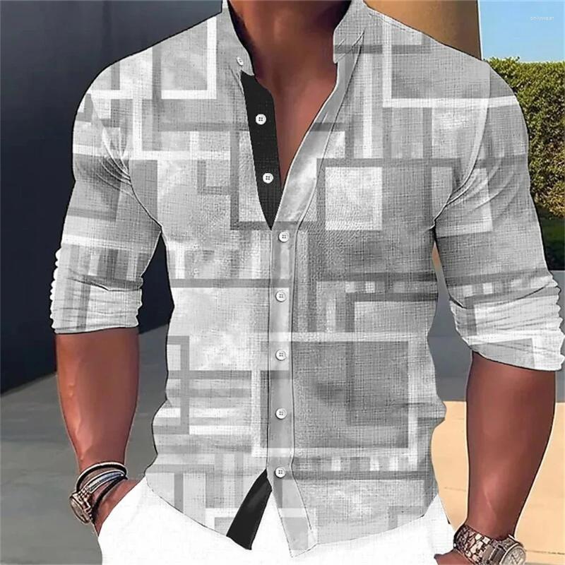Men's Casual Shirts Stand Up Neck Shirt Square Pattern Printed Button Long Sleeved Street Outdoor Top Plus Size