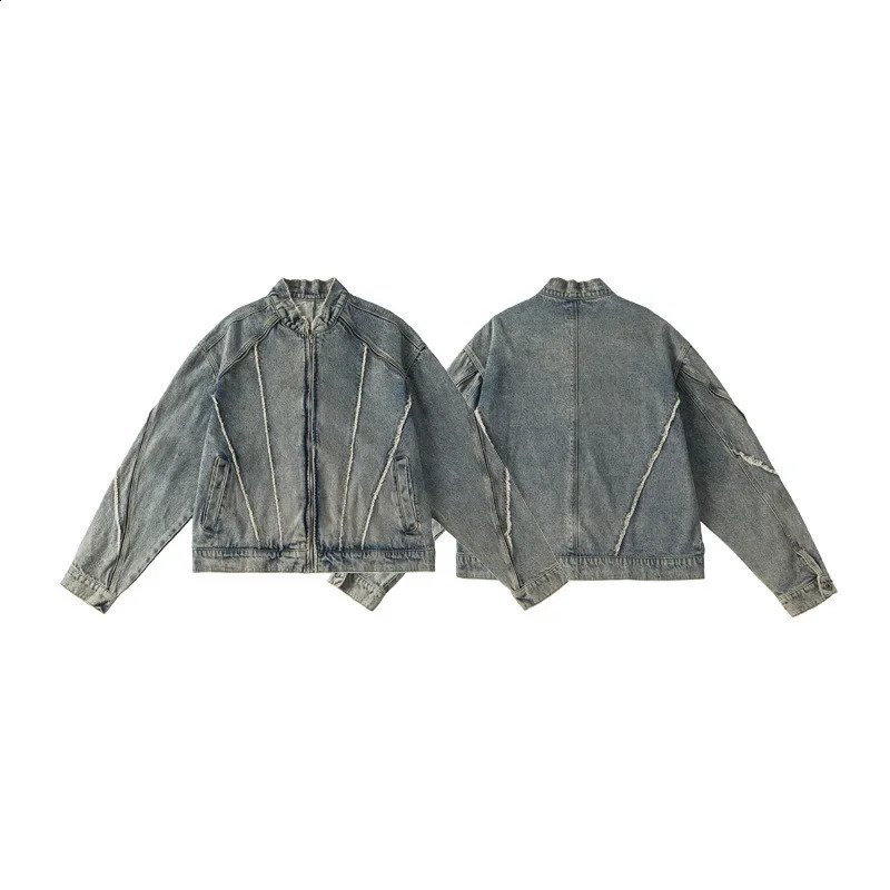 Spring and Autumn Retro Loose Fit Yellow Mud Foot Mat Standing Collar Denim Jacket Mens Casual Zipper Top Trendy 240921