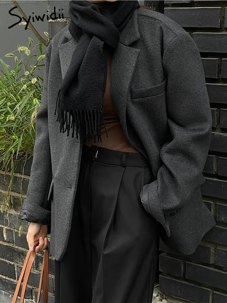 Syiwidii Vintage Grey Woolen Blazer for Women Fall Winter Office Ladies Long Sleeve Jacket Y2k Oversized Casual Coats 240918