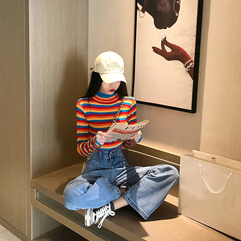 Winter Rainbow Knitted Women Sweaters And Long Sleeve Casual O-Neck Pullovers Sueter Mujer Tops Striped Turtleneck Jumper 240912