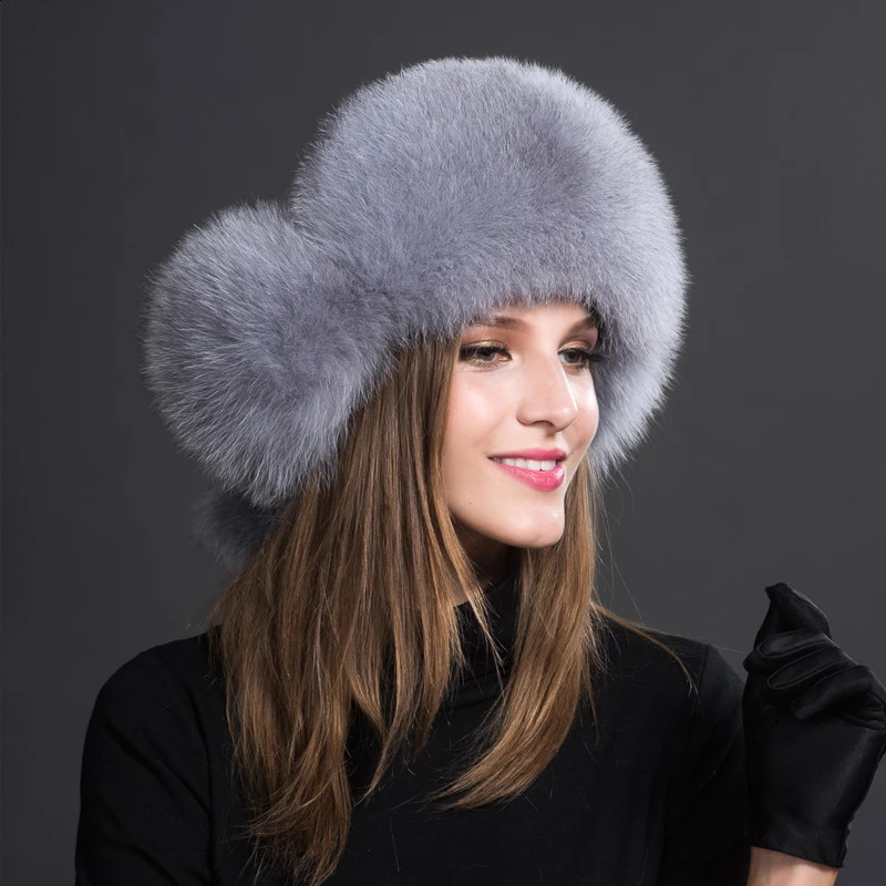 Natural Fox Fur Bomber Hats Winter Warm Women Flurfy Genuine Fox Fur Earfiap Caps Quality Russian Lady Real Fox Fur Hat 240910